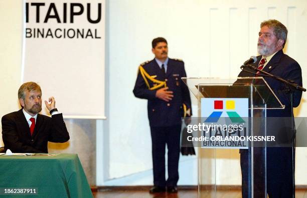 Brazilian President Luiz Inacio Lula da Silva, gives a speech after naming Jorge Samek as the new president of the Itipu hydroelectric, in Curitiba,...