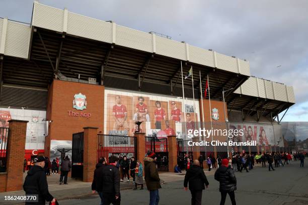 General view outside the stadium prior to the Premier League match between Liverpool FC and Manchester United at Anfield on December 17, 2023 in...