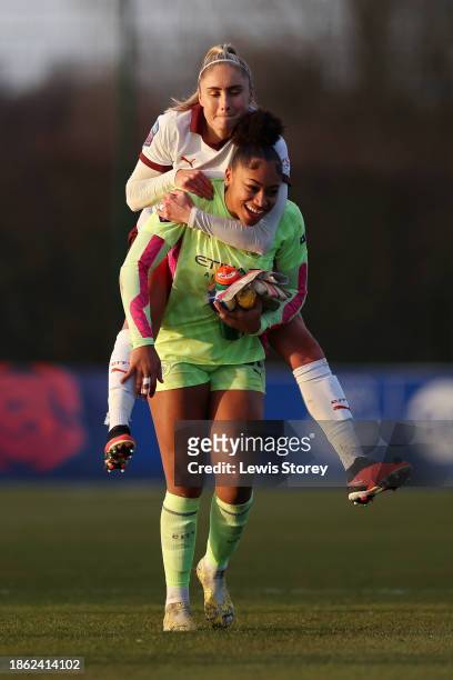 Steph Houghton and Khiara Keating of Manchester City celebrate after the team's victory the Barclays Women´s Super League match between Everton FC...