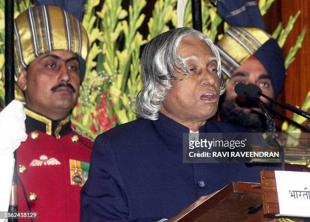 India's President A.P.J. Abdul Kalam speaks at a ceremony at the start of a conference in the central hall of Parliament House in New Delhi 22...