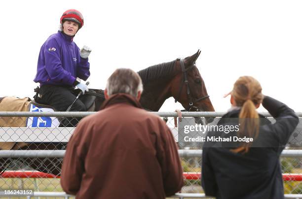 Craig Williams on Mount Athos speaks to trainer Luca Cumani and Francesca Cumani after a gallop during trackwork at Werribee Racecourse on October...