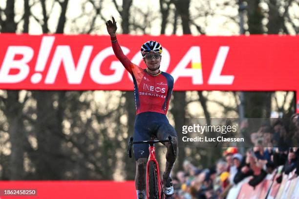 Thomas Pidcock of The United Kingdom and Team INEOS Grenadiers celebrates at finish line as race winner during the 14th UCI Cyclo-Cross World Cup...