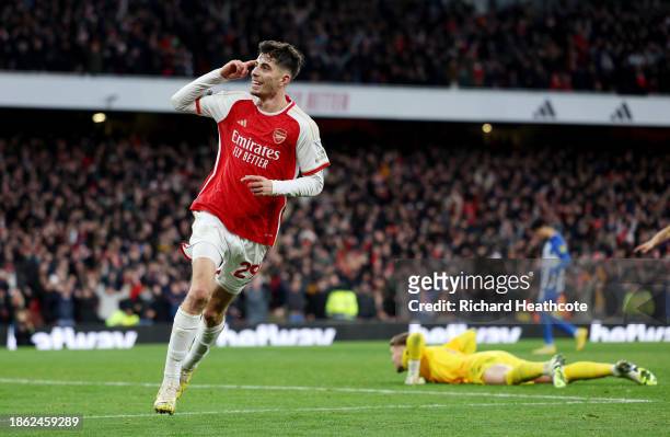 Kai Havertz of Arsenal celebrates after scoring their team's second goal during the Premier League match between Arsenal FC and Brighton & Hove...