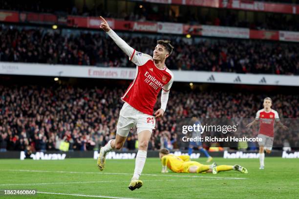 Kai Havertz of Arsenal celebrates after scoring their team's second goal during the Premier League match between Arsenal FC and Brighton & Hove...