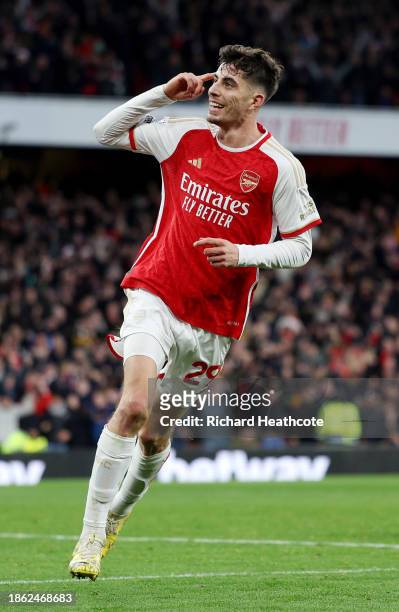 Kai Havertz of Arsenal celebrates after scoring their team's second goal during the Premier League match between Arsenal FC and Brighton & Hove...