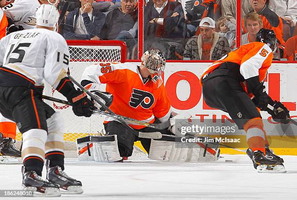 Steve Mason of the Philadelphia Flyers makes a second period save against the Anaheim Ducks at Wells Fargo Center on October 29, 2013 in...