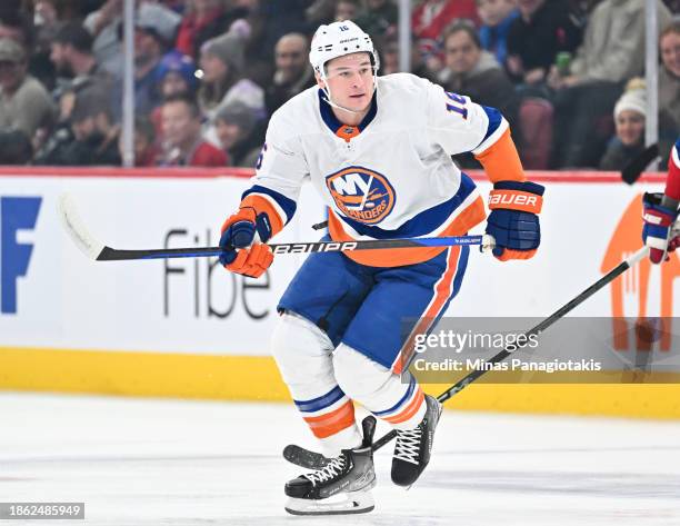 Julien Gauthier of the New York Islanders skates during the first period against the Montreal Canadiens at the Bell Centre on December 16, 2023 in...