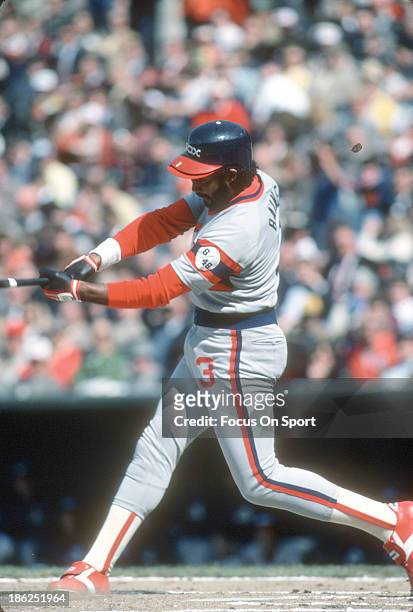 Harold Baines of the Chicago White Sox bats against the Baltimore Orioles during an Major League Baseball game circa 1983 at Memorial Stadium in...