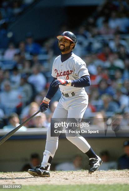 Harold Baines of the Chicago White Sox bats against the New York Yankees during an Major League Baseball game circa 1988 at Yankee Stadium in the...