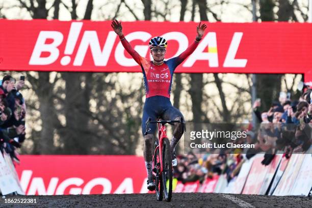 Thomas Pidcock of The United Kingdom and Team INEOS Grenadiers celebrates at finish line as race winner during the 14th UCI Cyclo-Cross World Cup...