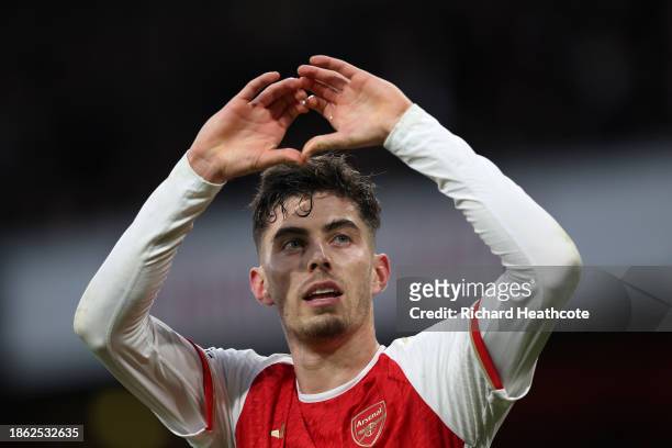 Kai Havertz of Arsenal celebrates scoring their team's second goal during the Premier League match between Arsenal FC and Brighton & Hove Albion at...