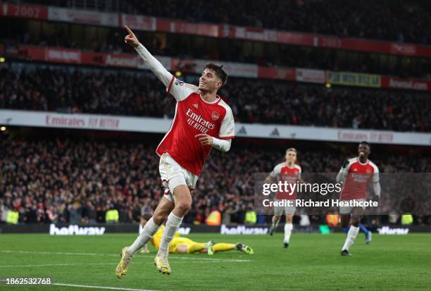 Kai Havertz of Arsenal celebrates scoring their team's second goal during the Premier League match between Arsenal FC and Brighton & Hove Albion at...