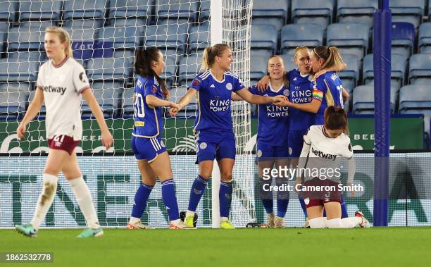 Lena Petermann of Leicester City celebrates with teammates after scoring the team's first goal during the Barclays Women´s Super League match between...