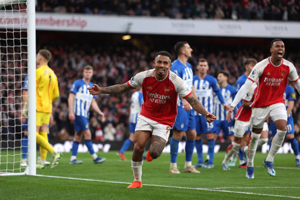 Gabriel Jesus of Arsenal celebrates after scoring their team's first goal during the Premier League match between Arsenal FC and Brighton & Hove...
