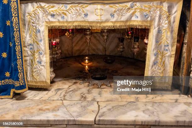 Grotto believed to be the spot where Jesus was born is pictured at the Church of the Nativity on December 17, 2023 in Bethlehem, West Bank. Last...