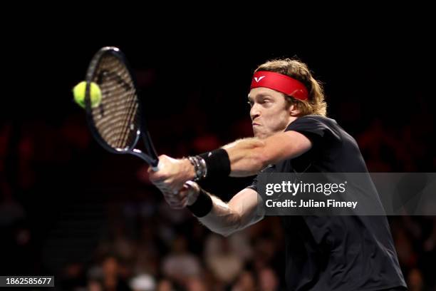 Andrey Rublev plays a backhand in the Semi-Final match against Holger Rune of Denmark during Day Three of the UTS Grand Final London at ExCel London...