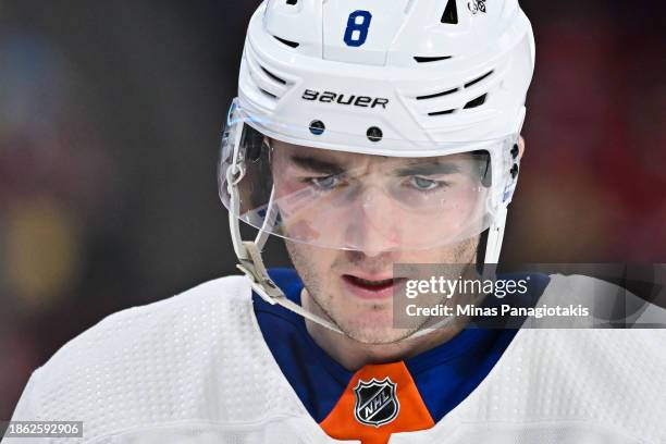 Noah Dobson of the New York Islanders skates during the second period against the Montreal Canadiens at the Bell Centre on December 16, 2023 in...