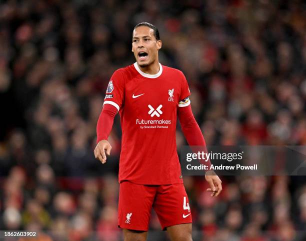 Virgil van Dijk captain of Liverpool during the Premier League match between Liverpool FC and Manchester United at Anfield on December 17, 2023 in...