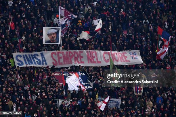 Bologna FC fans hold a banner in memory of former head coach Sinisa Mihajlovic prior to the Serie A TIM match between Bologna FC and AS Roma at...