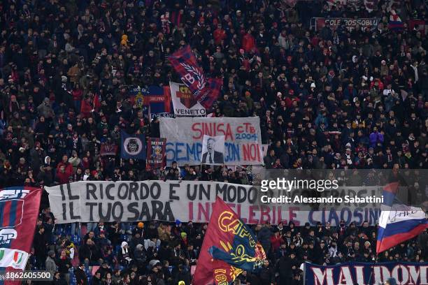 Bologna FC fans hold a banner in memory of former head coach Sinisa Mihajlovic prior to the Serie A TIM match between Bologna FC and AS Roma at...