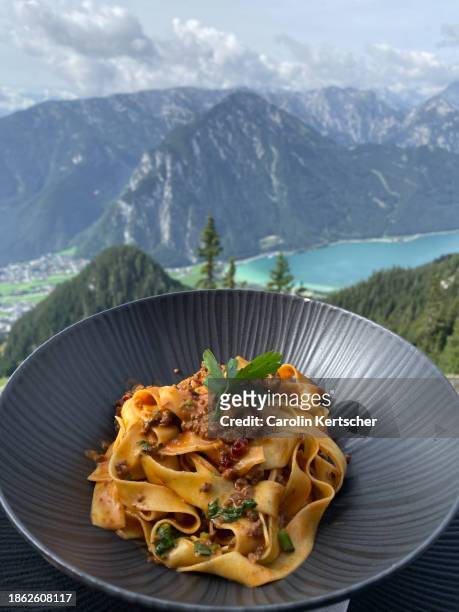 pasta dish in the mountains - reh gericht stock-fotos und bilder