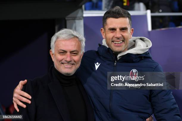 Jose Mourinho, Head Coach of AS Roma, embraces Thiago Motta, Head Coach of Bologna FC, prior to the Serie A TIM match between Bologna FC and AS Roma...