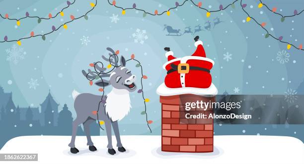 der weihnachtsmann saß im schornstein fest, seine rentiere amüsierten sich über die situation. - nikolaus stock-grafiken, -clipart, -cartoons und -symbole