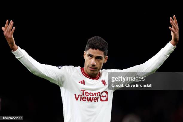 Raphael Varane of Manchester United reacts during the Premier League match between Liverpool FC and Manchester United at Anfield on December 17, 2023...
