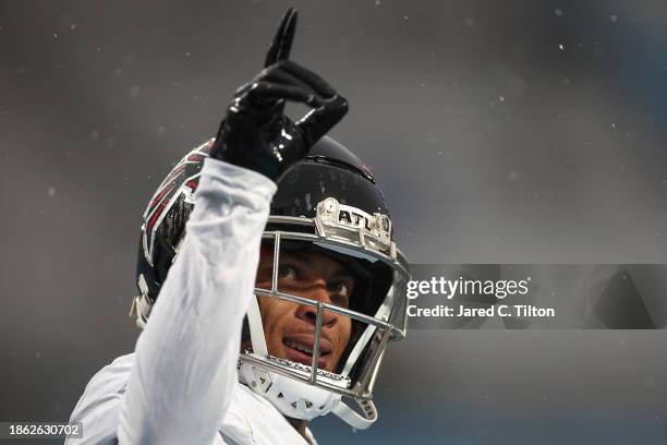 Mike Hughes of the Atlanta Falcons reacts before the game against the Carolina Panthers at Bank of America Stadium on December 17, 2023 in Charlotte,...