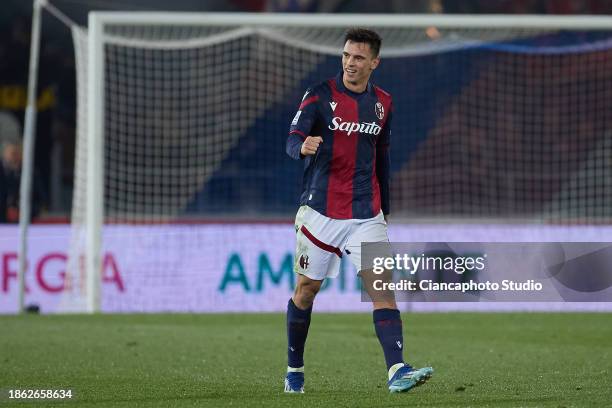 Nikola Moro of Bologna FC in action during the Serie A TIM match between Bologna FC and AS Roma at Stadio Renato Dall'Ara on December 17, 2023 in...