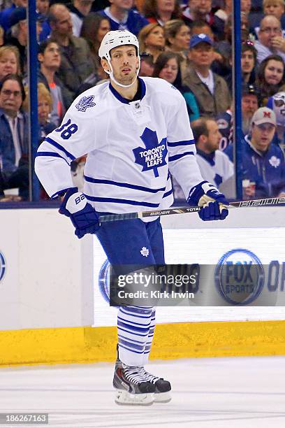 Frazer McLaren of the Toronto Maple Leafs skates during a stoppage in play during the game against the Columbus Blue Jackets on October 25, 2013 at...