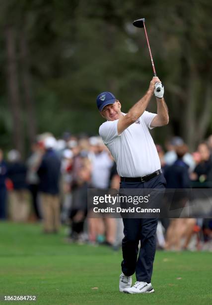 Sir Nick Faldo of England plays his tee shot on the first hole during the final round of the PNC Championship at The Ritz-Carlton Golf Club on...