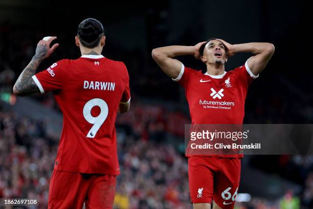 Trent Alexander-Arnold of Liverpool reacts after a missed chance during the Premier League match between Liverpool FC and Manchester United at...