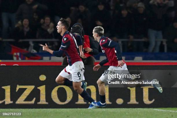 Nikola Moro of Bologna FC FC celebrates after scoring their team's first goal during the Serie A TIM match between Bologna FC and AS Roma at Stadio...