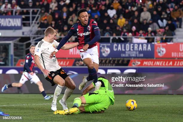 Dan Ndoye of Bologna FC reacts as Rasmus Kristensen of AS Roma scores an own goal, Bologna FC’s second goal, during the Serie A TIM match between...