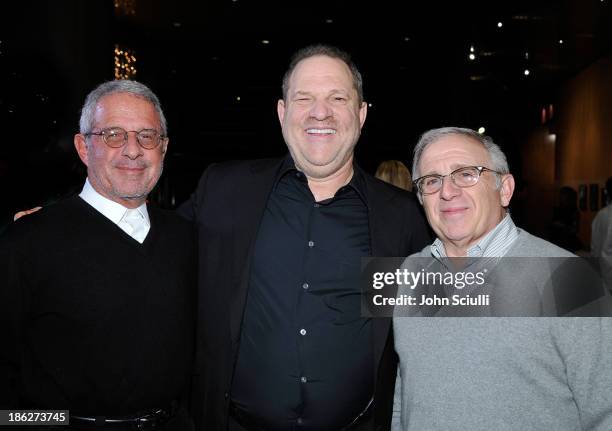 Ron Meyer, Harvey Weinstein and Irving Azoff attend the Weinstein Company presentation of the Los Angeles premiere "12-12-12" at the DGA Theater on...