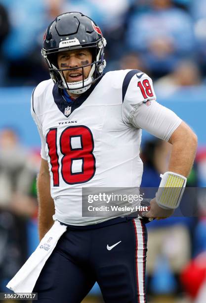 Case Keenum of the Houston Texans looks on during the first quarter against the Tennessee Titans at Nissan Stadium on December 17, 2023 in Nashville,...