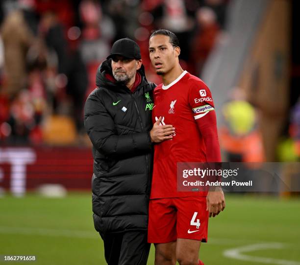 Jurgen Klopp manager of Liverpool and Virgil van Dijk captain of Liverpool at the end of the Premier League match between Liverpool FC and Manchester...