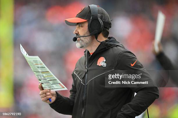 Head coach Kevin Stefanski of the Cleveland Browns looks on during the first half of a game against the Chicago Bears at Cleveland Browns Stadium on...