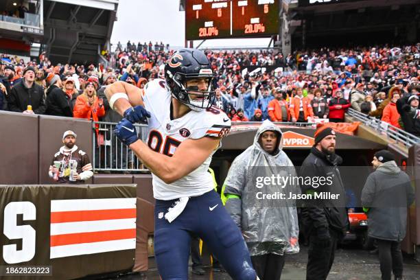 Cole Kmet of the Chicago Bears celebrates a touchdown during the second quarter of a game against the Cleveland Browns at Cleveland Browns Stadium on...