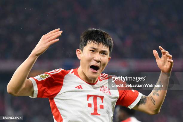 Kim Min-Jae of Bayern Munich reacts during the Bundesliga match between FC Bayern München and VfB Stuttgart at Allianz Arena on December 17, 2023 in...