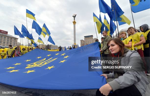 Activists of Ukrainian movement "For European Future" hold EU flag with the Ukraine national emblem during their rally at Independence Square in Kiev...