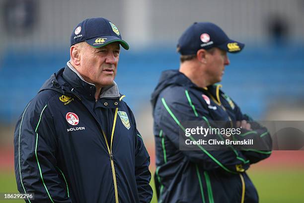 Head coach Tim Sheens and assistant coach David Furner of the Australia Kangaroos look on during a training session at Sport City Complex on October...