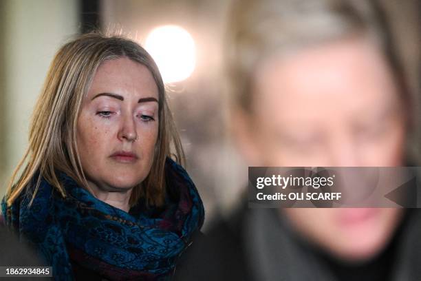 Esther Ghey, mother of murdered teenager Brianna Ghey, reacts prior to read a statement to the media outside of Manchester Crown Court, in...