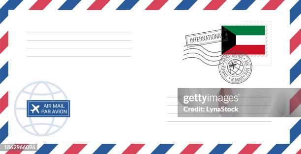 blank air mail envelope with kuwait postage stamp. postcard vector illustration with kuwaiti national flag isolated on white background. - postmark stock illustrations