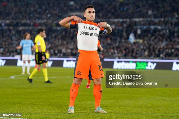 Lautaro Martínez of FC Internazionale celebrates after scoring a goal during the Serie A TIM match between SS Lazio and FC Internazionale at Stadio...