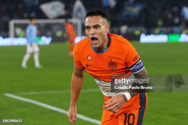 Lautaro Martinez of FC Internazionale celebrates after scoring the team's first goal during the Serie A TIM match between SS Lazio and FC...
