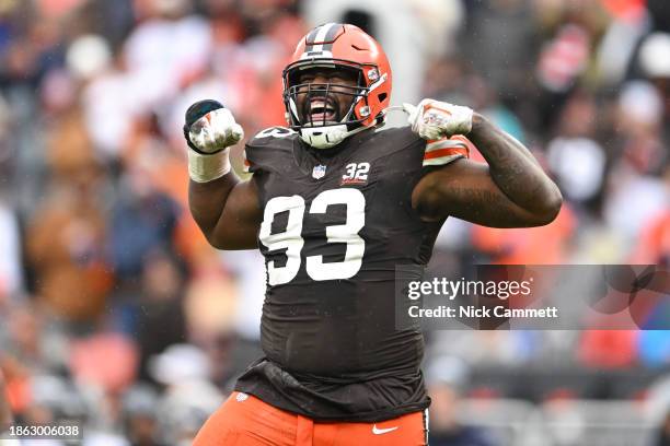 Shelby Harris of the Cleveland Browns celebrates a tackle during the third quarter of a game against the Chicago Bears at Cleveland Browns Stadium on...