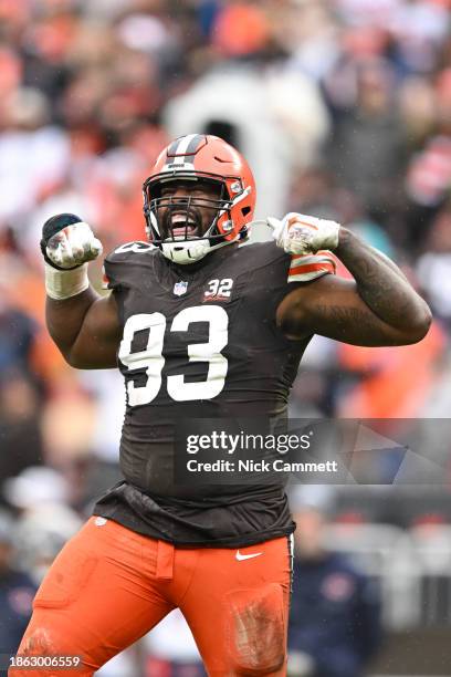 Shelby Harris of the Cleveland Browns celebrates a tackle during the third quarter of a game against the Chicago Bears at Cleveland Browns Stadium on...