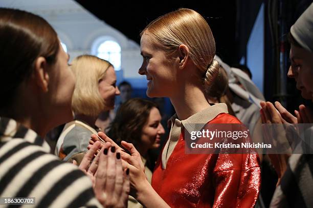 Model is seen backstage at the Atelier Galetsky show during Mercedes-Benz Fashion Week Russia S/S 2014 on October 30, 2013 in Moscow, Russia.